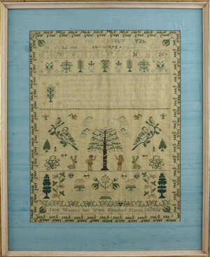 
	
		A embroidered sampler by Jane Waters, dated March 14th 1825, worked in coloured wools and...