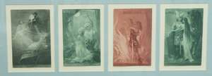 
	
		Four coloured paper printed illustration of characters from Wagner operas. to include...
