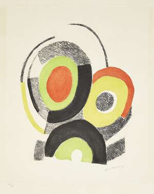 
	
		Sonia Delaunay, 
		French 1885-1979-
		 
		The Unknown; 
		 
		etching in colours on...