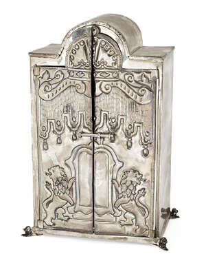 
	
		A small white metal ark, unmarked, 20th century, designed as a domed rectangular cabinet...