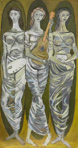 
	
		John Hutton, New Zealander 1906-1978- Three Muses, c.1953; oil on board, signed, 226x119cm ...