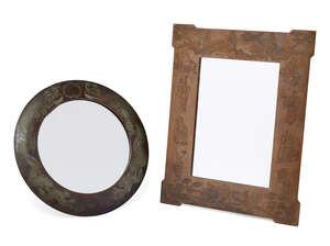 
	
		Two Chinese copper framed mirrors, early 20th century, one of rectangular form engraved...