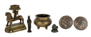 
	
		A group of five Chinese and Tibetan metal wares, 19th century, comprising: a small bronze...