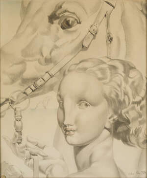 Eugene Robert Pougheon, 
		French 1886-1955 - 
		An Amazon and her horse, 1931; 
		pencil and charcoal on paper, signed, dedicated to 'Robert Foster'