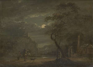 
	
		Attributed to Sebastian Pether, 
		British 1790-1844- 
		 
		Moonlit landscape with a...