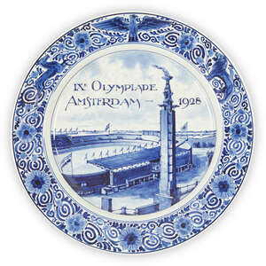 
	
		A Delft blue and white commemorative plate for the 1928 Amsterdam Olympics, under glazed...