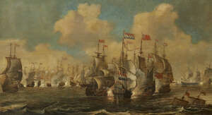 Follower of Adam Willaerts, 
		Dutch 1577-1664-
		 
		Dutch fleet in battle with the English;
		 
		oil on panel, bears monogram, 41x72.5cm
		 
		Pro