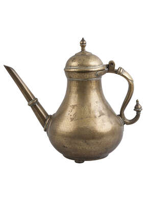 
	
		An engraved Mughal brass ewer, India, 19th century, of globular form, on three short,...