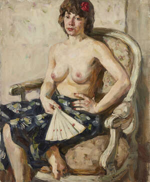 
	
		Boris Lavrenko, 
		Russian 1920-2001-
		 
		Nu à l'éventail, 1984;
		 
		oil on canvas,...