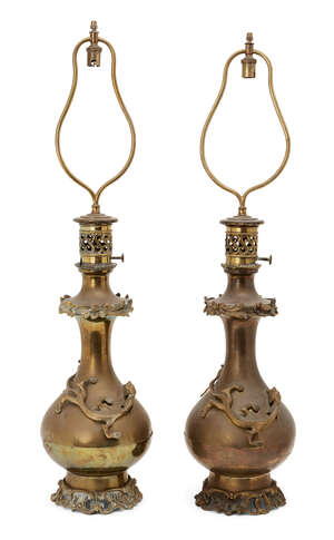 
	
		A pair of Japanese bronze vases, early 20th century, each with applied chi-long dragon to...