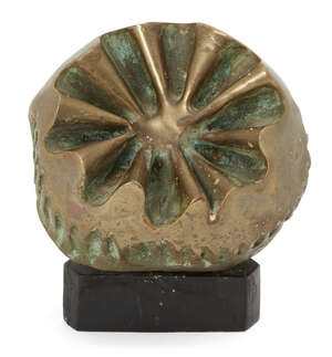 
	
		Neil Willis, 
		British 1932-2011- 
		Untitled abstract sculpture; 
		bronze with green...