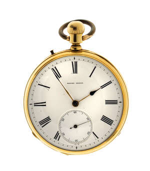 
	
		An 18ct gold open-face keyless-lever pocket watch, the white enamel dial with Roman...