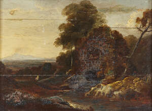 
	
		British School, 
		 
		mid-late 18th century- 
		 
		Figures on a path in a rocky...