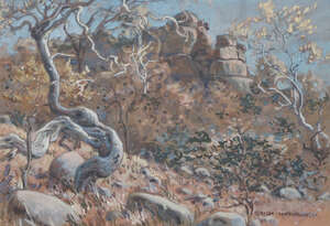 
	
		Erich Mayer, South African 1876-1960- Ancient tree within a rocky landscape; gouache,...