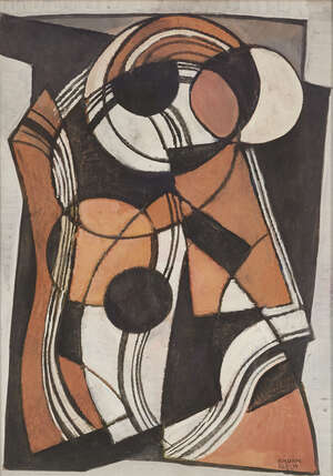 Béla Kádár,
		Hungarian 1877-1956,
		Abstract untitled, circa 1940;
		gouache on board, signed lower right, 60.5 x 43cm (ARR)
		Provenance: Piasa, Paris