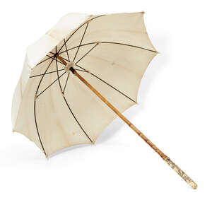 
	
		A Japanese parasol with antler handle, 19th century, handle carved intricately depicting...