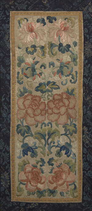 
	
		A Chinese silk embroidered panel, late 19th century, decorated with flowering peonies...