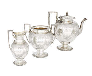 
	
		A three-piece silver tea set, London, c.1868, Goldsmiths Alliance Ltd. (Samuel Smily),...