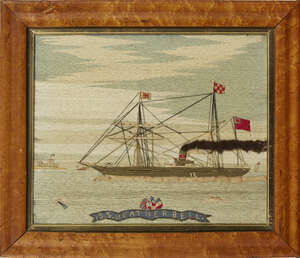 
	
		A Victorian ship's woolwork picture of S.S. Heather Bell, signed T.Paul, 1881, depicted...
