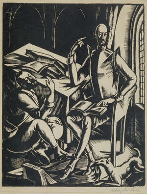 
	
		Władysław Lam, 
		 
		Polish 18931984- 
		 
		Dysputa, 1925;
		 
		woodcut, signed in...
