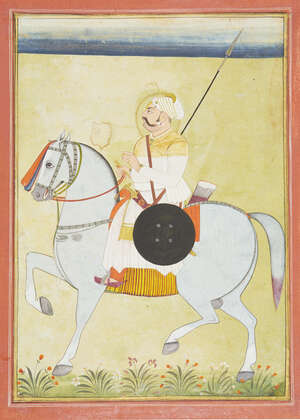 
	
		An equestrian portrait of Rao Dudaji, ruler of Merta (1495-1525), Jodhpur, circa 1850,...