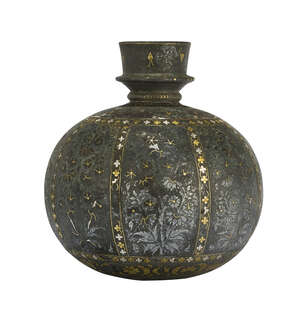 
	
		RTOA silver and gold inlaid Mughal huqqa base, India, mid-18th century, of rounded form,...