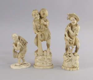 
	
		A Japanese ivory figure of man, late 19th/early 20th century, modelled carrying a basket...