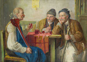 
	
		Andor G Horvath, 
		Hungarian 1876-1933- 
		 
		Villagers enjoying a yard of wine;...
