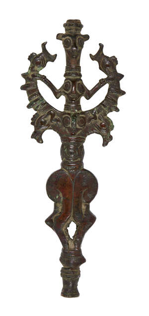 A Luristan standard or finial, made for mounting on a wooden stick, South West Iran, 9thearly 7th century B.C., cast bronze made by the lost-wax method, two-si