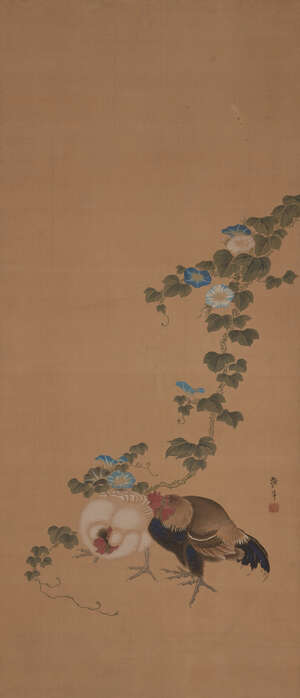 
	
		A Japanese hanging scroll, late 19th century, ink and colour on silk, hanging scroll,...
