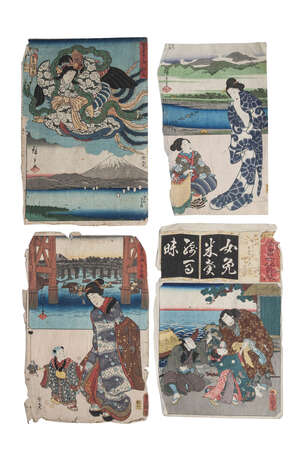 
	
		Utagawa Kunisada, Japanese, 1786-1865 a fan design for a lady plucking her eyebrows, 23 x...