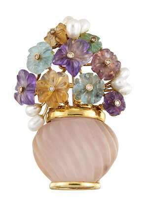 
	
		A rose quartz, gem and diamond brooch, modelled as a vase of flowers, the fluted frosted...
