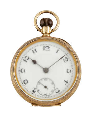 
	
		A 9ct gold open-face fob watch, the white enamel dial with Arabic numerals, subsidiary...