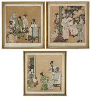 
	
		Three Chinese figurative paintings, 19th century, ink and colour on silk, depicting...