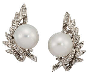 
	
		A pair of cultured pearl and diamond earrings, each with single cultured pearl, measuring...
