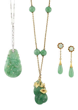 Two jade pendent necklaces and a pair of opal and jade earrings, the first necklace with jade pendant carved as a gourd to a belcher-link neckchain with jade b