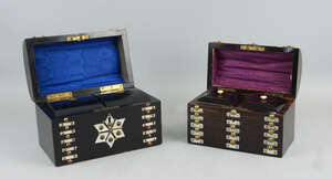
	
		A Victorian coromandel domed  top tea caddy, applied with brass nailed and mother of...
