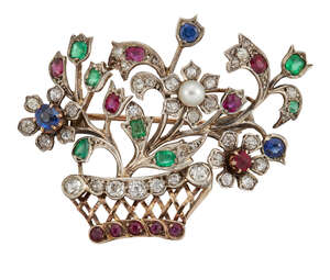 
	
		A 19th century diamond and gem brooch, modelled as an old-cut diamond and circular-cut...