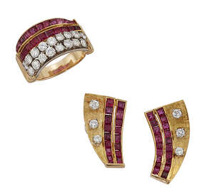 
	
		A ruby and diamond ring and pair of earrings, the ring of wave design composed of two...