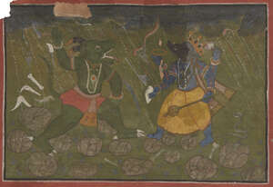 
	
		Two demons fighting each other, Rajasthan, India, 19th century, opaque pigments on paper,...