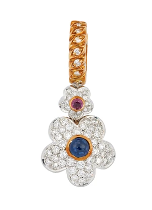 A single diamond and gem set earring, the drop of floral design, with a sapphire cabochon centre...