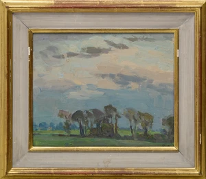 British School,&nbsp;active c.1971 -&nbsp;Evening Sky, Oxfordshire, 1971;&nbsp;oil on board, signed with initials...