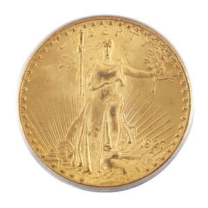 
	
		A USA gold $20 coin, 1927, in slab case from the Professional Numismatic Guild Inc

	

