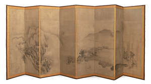 A Pair of Japanese Eight-Panel Screens, After Sesson Shukei, 17th century, ink on paper, each...