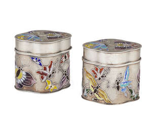 
	
		Two Asian silver trinket boxes, of quatrefoil form, decorated with brightly enamelled...