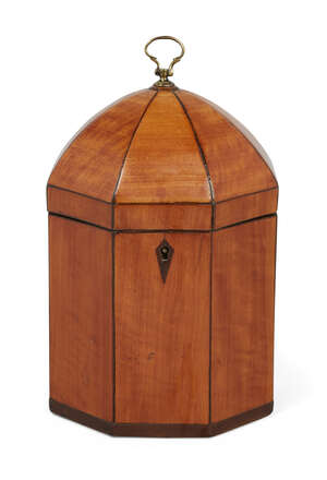 
	
		A George III octagonal dome-top satinwood  tea caddy, late 18th century, mahogany and...