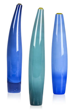 
	
		Rachael Woodman, b.1957, Three Vases, hand blown coloured glass, each etched Rachel...