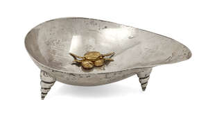 
	
		A Chinese silver shell form bowl, Wang Hing, with applied silver gilt crab, raised on...