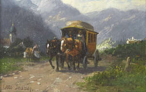 
	
		Otto Fedder, 
		German 1873-1919-
		Horse and carriage on alpine track;
		oil on...