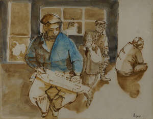 
	
		Denis Mathews,
		British 1913-1997-
		 
		Musician Outside the Barber's - Peking,...